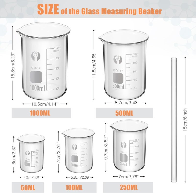 Feekoon 10 Pieces Glass Measuring Beaker Graduated Measuring Cylinder with Stirring Rod 50/100/ 250/500/ 1000 ml Thick Glass Beakers 5/10/ 50/100 ml Graduated Cylinders for Science Lab(5.9 Inch) - Image 2